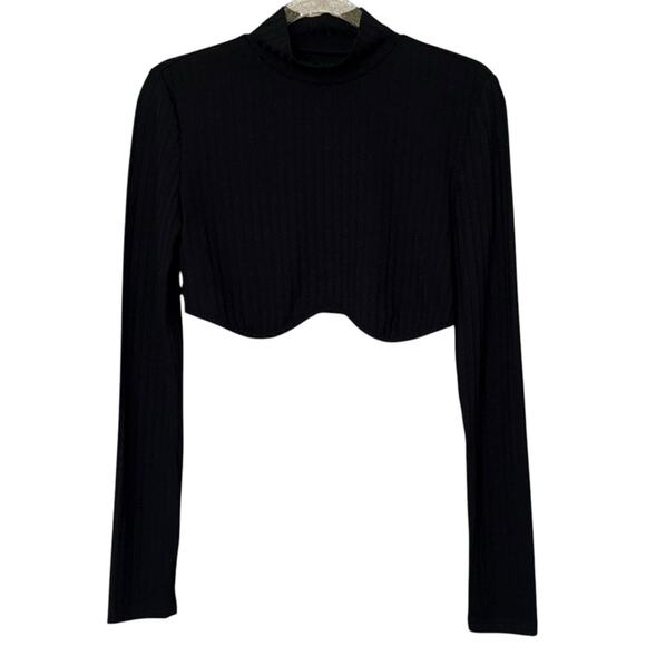 Vintage Black Long Sleeve Ribbed High Neck Crop Top Womens Size Small - Picture 1 of 4